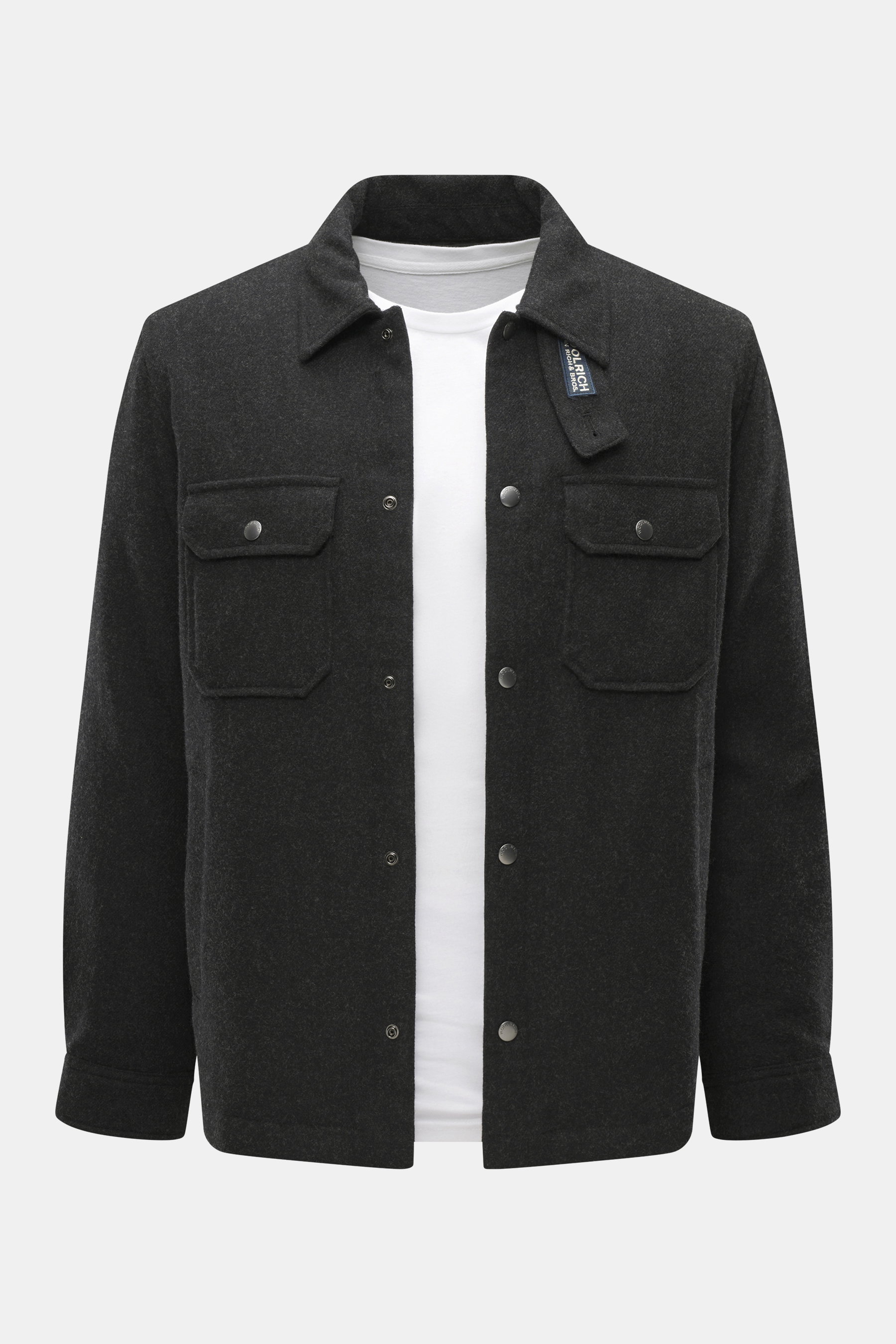 Front view of Woolrich Down jacket 'Alaskan' black melange in wool and microfiber, light down filling, slim fit, snap button placket, adjustable collar with button tab, patch chest pockets, slanted welt pockets, sleeve cuffs with cuff, and quilted smooth 