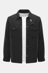 Front view of Woolrich Down jacket 'Alaskan' black melange in wool and microfiber, light down filling, slim fit, snap button placket, adjustable collar with button tab, patch chest pockets, slanted welt pockets, sleeve cuffs with cuff, and quilted smooth 
