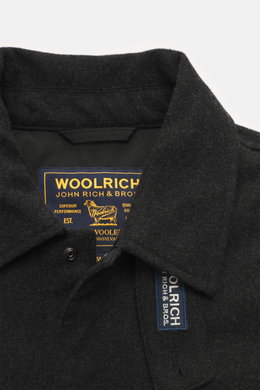 Woolrich Down jacket 'Alaskan' black melange close-up front view showing wool and microfiber fabric, slim fit, snap button placket, adjustable collar with button tab, patch chest pockets, slanted welt pockets, sleeve cuffs with cuff, light down filling, q