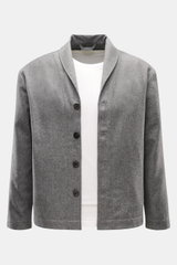 Vorderansicht des 04651/ A trip in a bag Overshirt dunkelgrau meliert mit Schalkragen, Vier-Knopf-Leiste, Slim Fit aus Wolle-Microfaser-Mix.