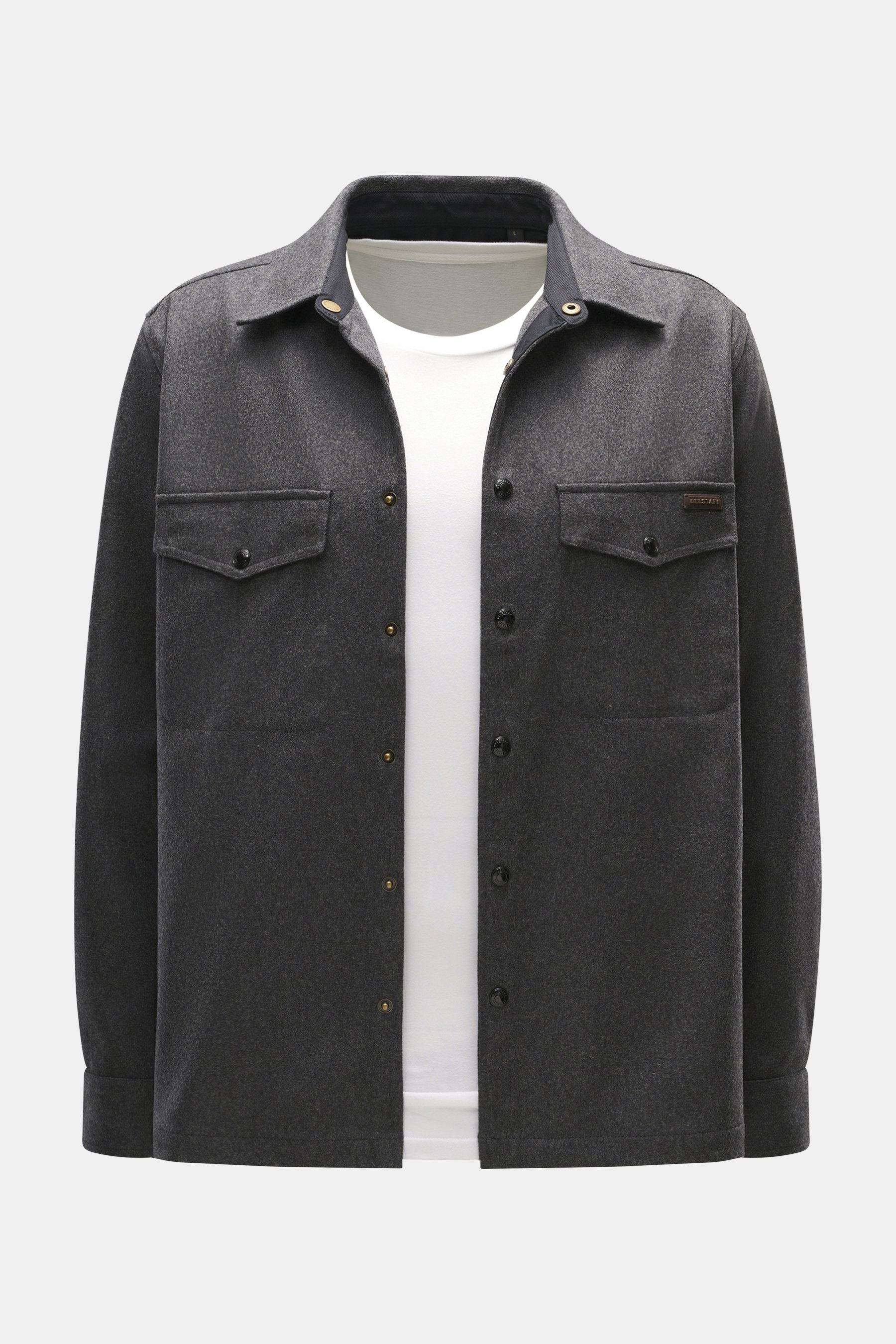 Belstaff Overshirt 'Castle' dunkelgrau meliert aus reiner Wolle, Slim Fit mit Umlegekragen, Druckknopfleiste und Brusttaschen, Frontansicht.
