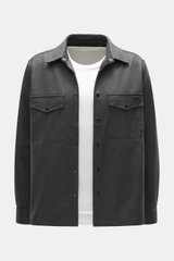 Belstaff Overshirt 'Castle' dunkelgrau meliert aus reiner Wolle, Slim Fit mit Umlegekragen, Druckknopfleiste und Brusttaschen, Frontansicht.
