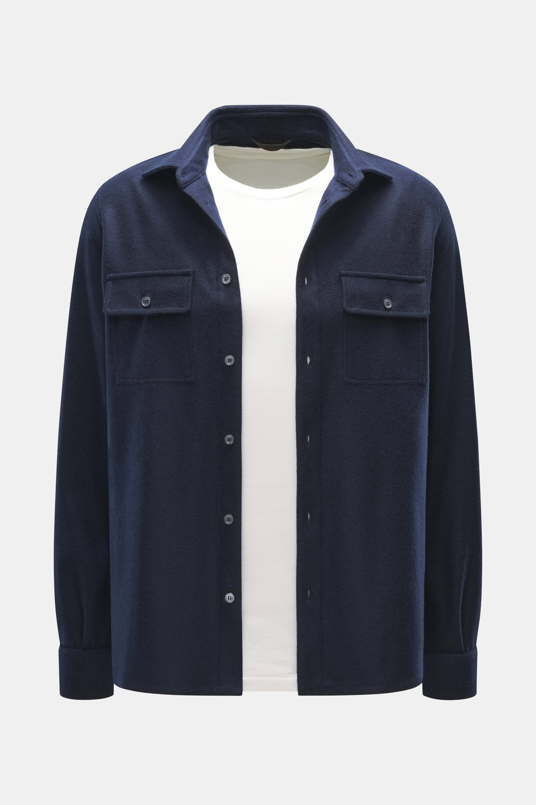 Fedeli Cashmere Overshirt 'Niky' navy in Slim Fit, frontal fotografiert, mit Umlegekragen, französischer Knopfleiste, Brusttaschen, Sportmanschette aus weichem Cashmere.