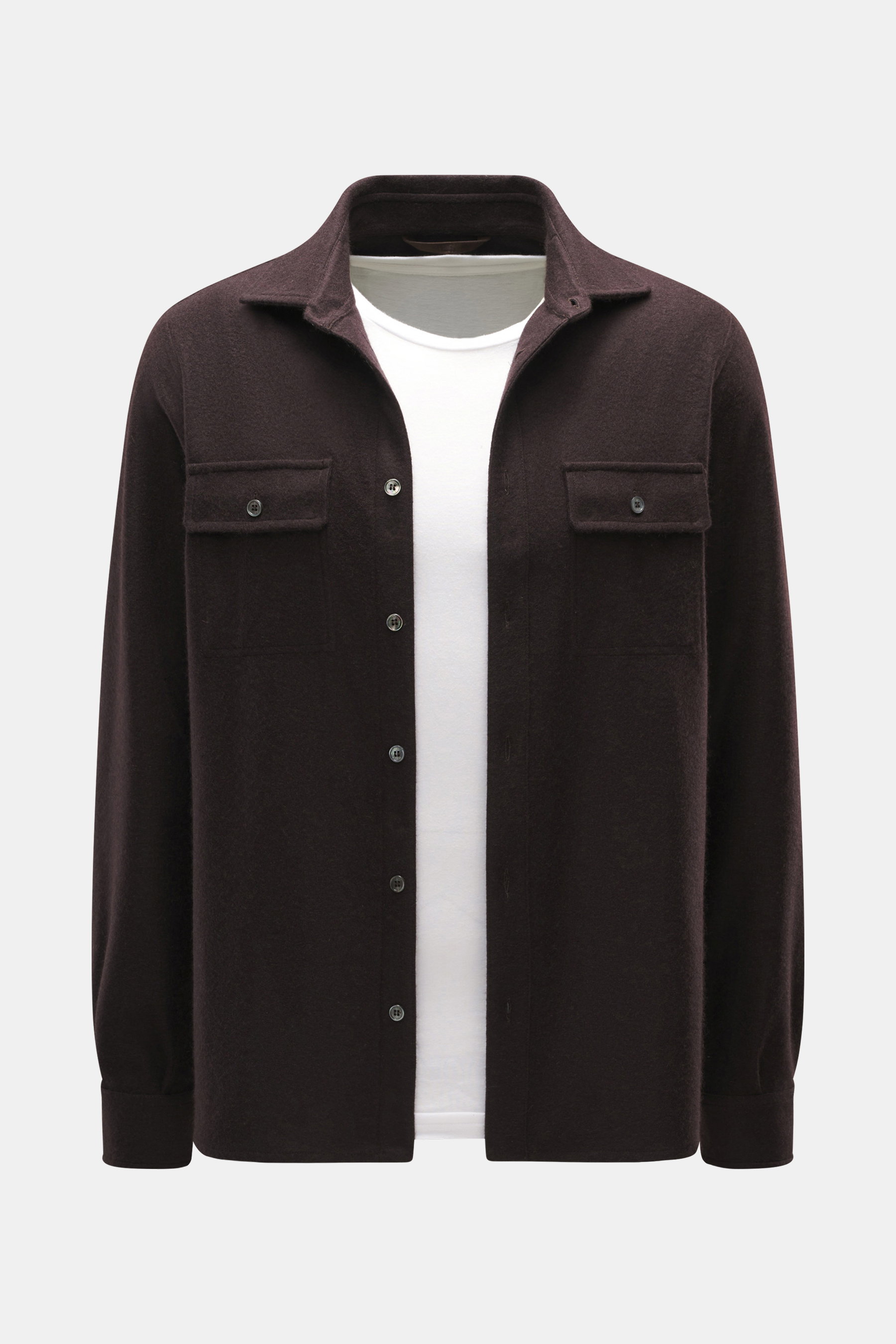 Fedeli Cashmere overshirt 'Niky' dark brown shown from front, soft knit pure cashmere, slim fit with chest pockets, button placket, collar, and cuffs.