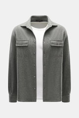 Fedeli Cashmere Overshirt 'Niky' grau meliert, Slim Fit, weicher Strick aus reinem Cashmere, Frontansicht mit Umlegekragen, Brusttaschen und Sportmanschetten.