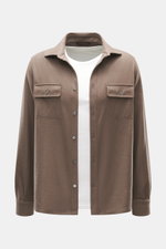Fedeli Cashmere Overshirt 'Niky' graubraun meliert, Slim Fit, weiche Strick-Qualität aus reinem Cashmere, Umlegekragen, Brusttaschen, Sportmanschette, frontal fotografiert.