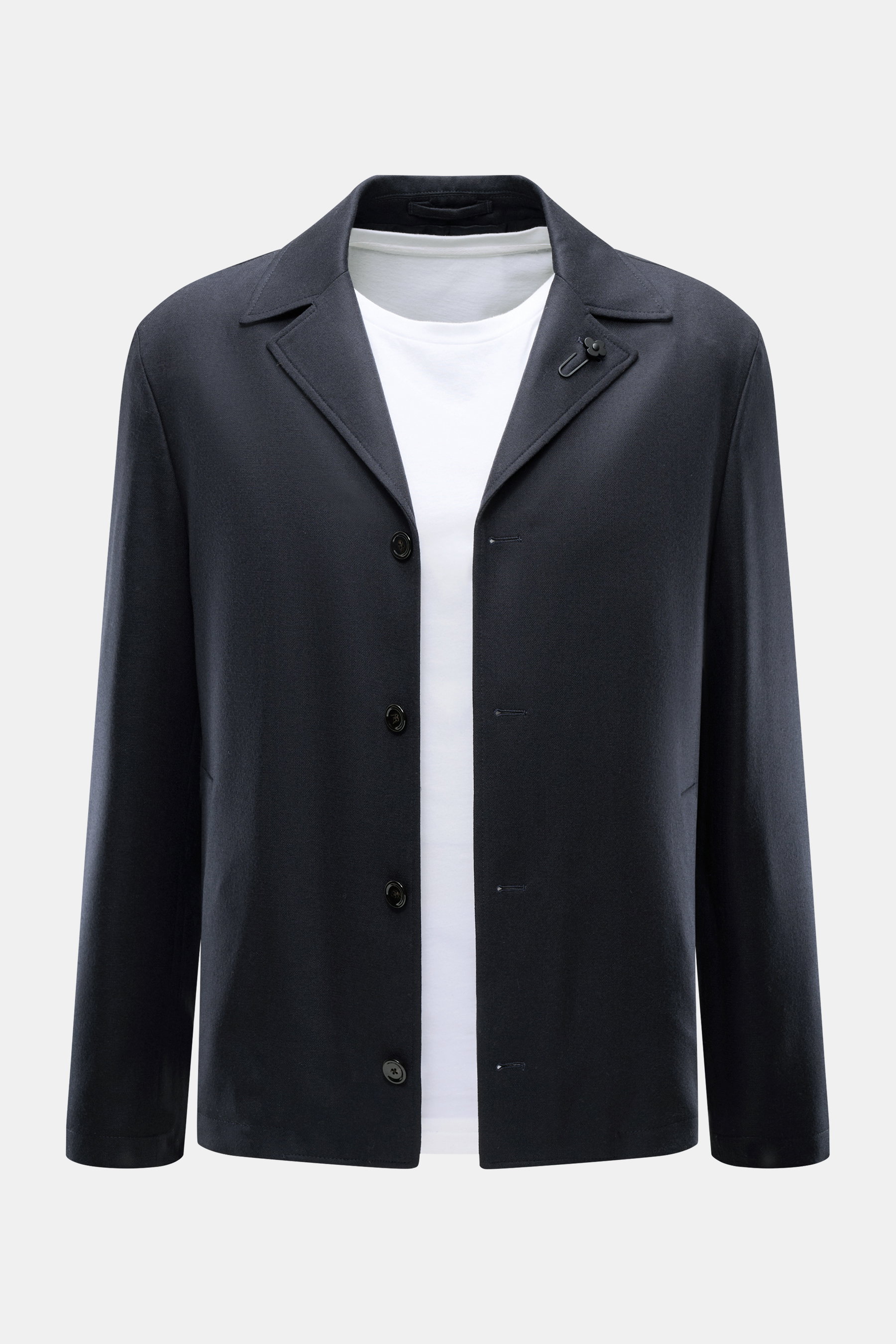 Lardini Overshirt 'Accony' navy aus reiner Schurwolle, Slim Fit mit Reverskragen, Vier-Knopf-Leiste und Blütenanstecker, frontal fotografiert.
