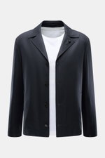 Lardini Overshirt 'Accony' navy aus reiner Schurwolle, Slim Fit mit Reverskragen, Vier-Knopf-Leiste und Blütenanstecker, frontal fotografiert.