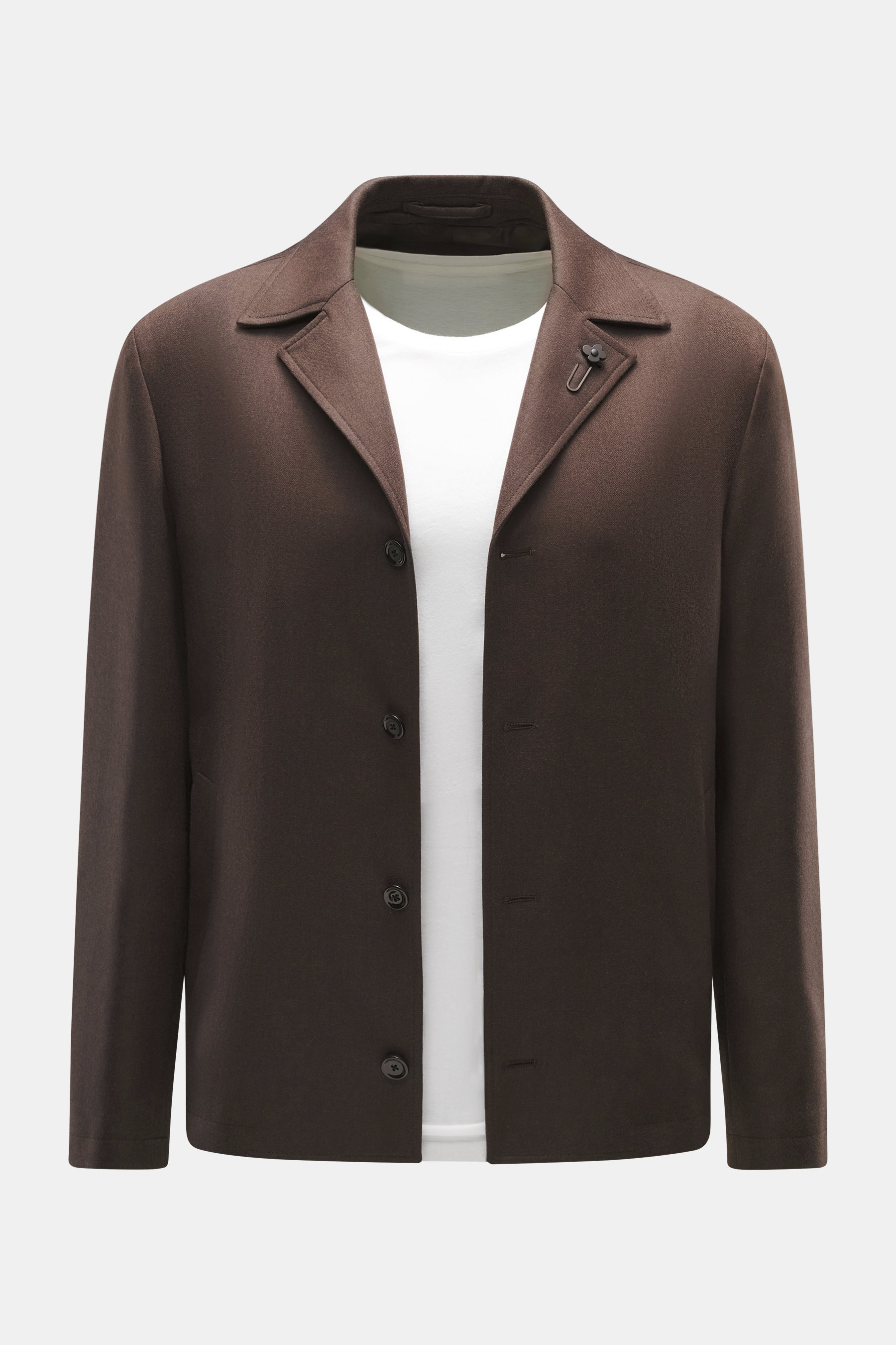 Front view of the Lardini Overshirt 'Accony' dark brown in pure new wool with slim fit, four-button placket, notched collar, flower lapel pin, slanted welt pockets, smooth lining, and two inner pockets, styled over a white shirt.