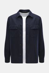 Incotex Cashmere Overshirt navy von vorne fotografiert, Flanell aus reinem Cashmere, gestrickte Qualität, sehr weicher Griff, Slim Fit, Fünf-Knopf-Leiste, Umlegekragen, Brusttaschen mit Patte, Ärmel mit Manschette.