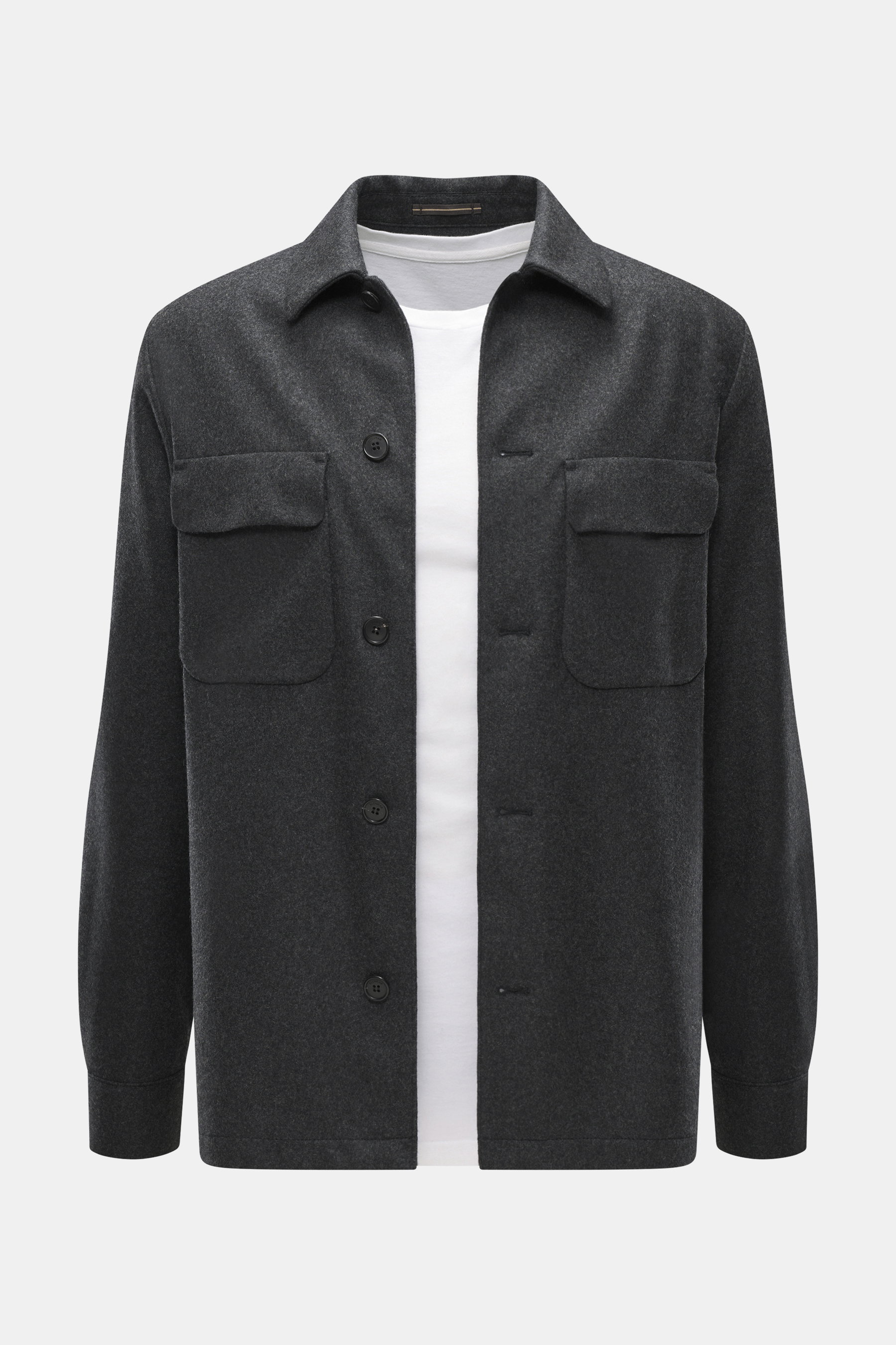 Incotex Cashmere Overshirt dunkelgrau meliert, Frontansicht, Slim Fit, Flanell aus reinem Cashmere, gestrickte Qualität, sehr weicher Griff, Fünf-Knopf-Leiste, Umlegekragen, Brusttaschen mit Patte, Ärmelabschlüsse mit Manschette.