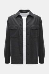 Incotex Cashmere Overshirt dunkelgrau meliert, Frontansicht, Slim Fit, Flanell aus reinem Cashmere, gestrickte Qualität, sehr weicher Griff, Fünf-Knopf-Leiste, Umlegekragen, Brusttaschen mit Patte, Ärmelabschlüsse mit Manschette.