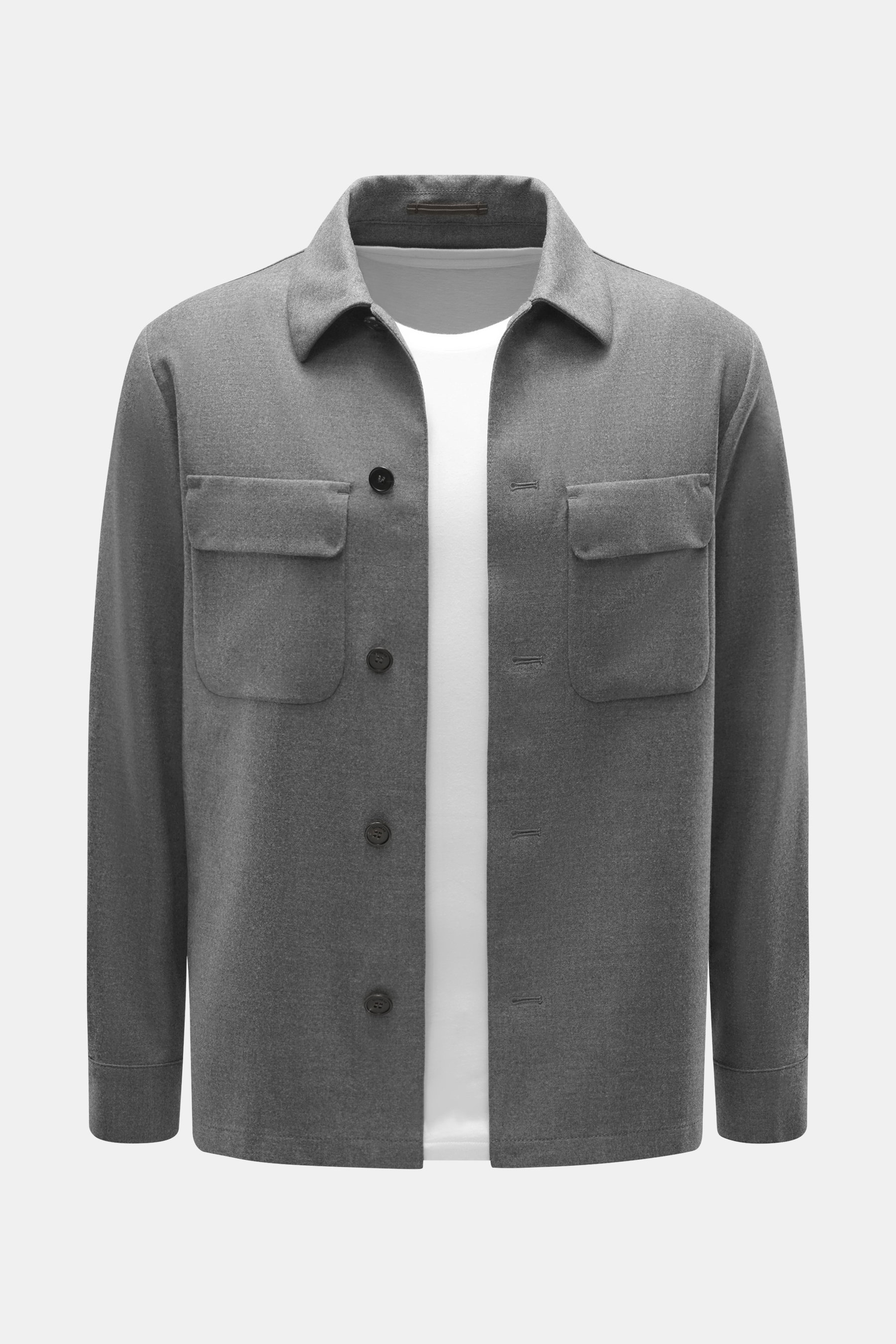 Front view of Incotex Overshirt grey melange, slim fit with a turn-down collar, five-button placket, chest pockets with flap, sleeve cuffs with button, made of virgin wool and microfiber in a lightly textured quality.