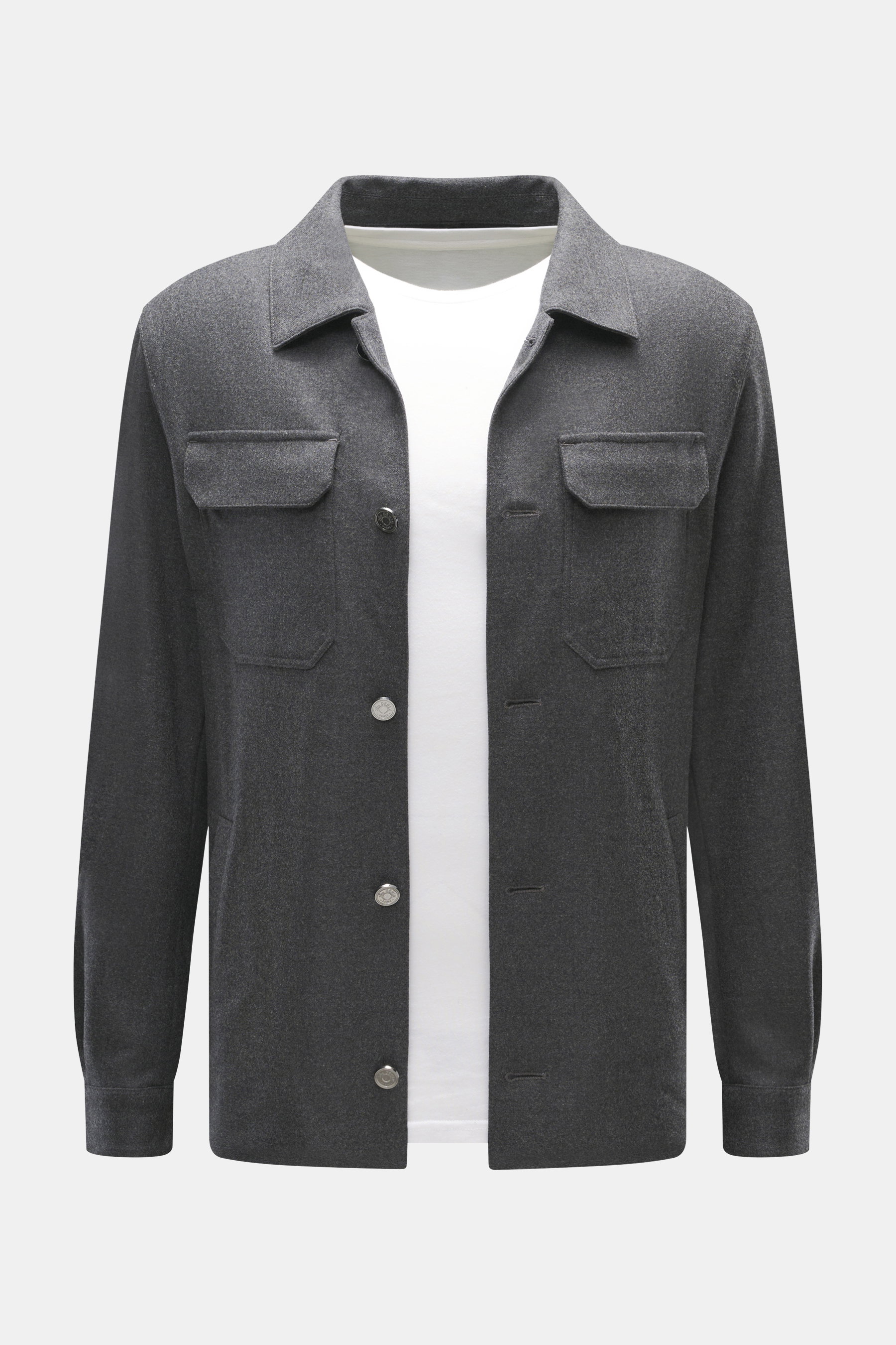 Ace Denim Overshirt dunkelgrau meliert frontal fotografiert, Slim Fit, elastische Schurwolle, Umlegekragen, Fünf-Knopf-Leiste, Brusttaschen mit Patte, paspelierte Fronttaschen, Ärmel mit Manschette, leicht griffige Haptik.