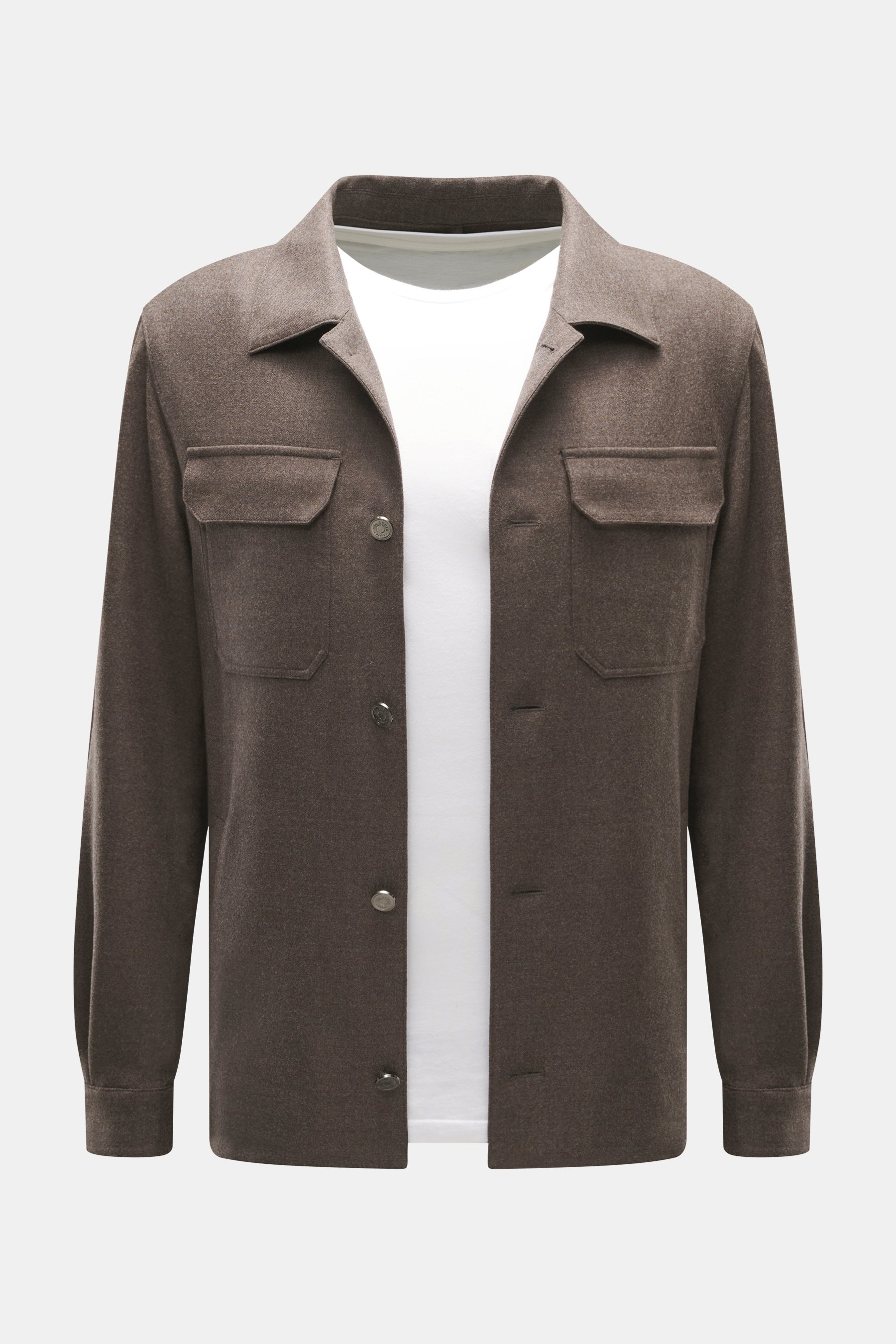 Ace Denim Overshirt graubraun meliert, Frontansicht, Slim Fit mit elastischer Schurwolle, Umlegekragen, Fünf-Knopf-Leiste, Brusttaschen mit Patte, paspelierte Fronttaschen, Ärmel mit Manschette, leicht griffige Haptik.