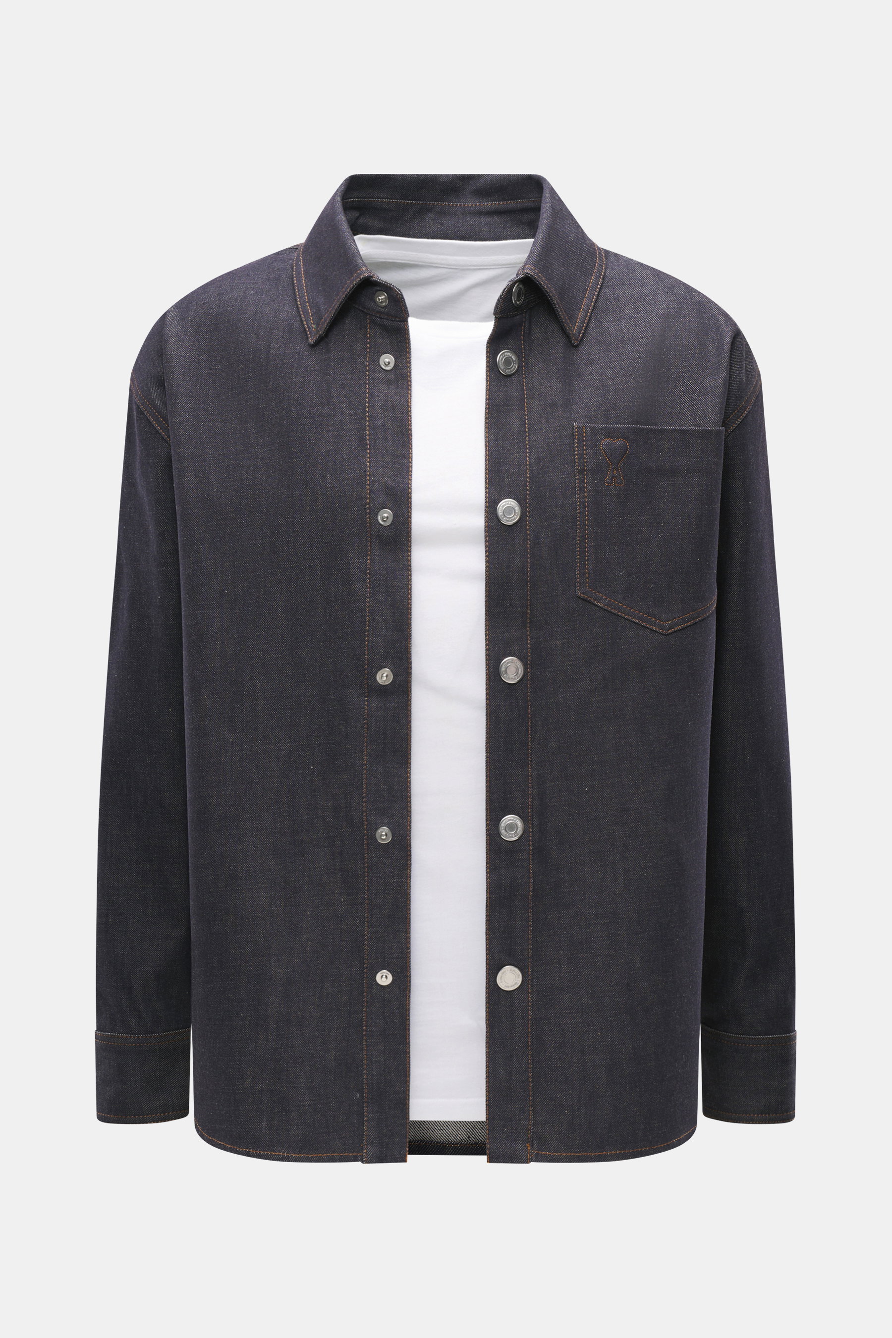 Front view of Ami Paris Denim overshirt navy, pure cotton with textured feel, heavy quality, oversized fit, snap button placket, turn-down collar, patch chest pocket with logo stitching, cuffed sleeve ends, unlined.