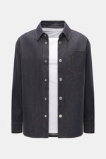 Front view of Ami Paris Denim overshirt navy, pure cotton with textured feel, heavy quality, oversized fit, snap button placket, turn-down collar, patch chest pocket with logo stitching, cuffed sleeve ends, unlined.