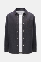 Front view of Ami Paris Denim overshirt navy, pure cotton with textured feel, heavy quality, oversized fit, snap button placket, turn-down collar, patch chest pocket with logo stitching, cuffed sleeve ends, unlined.