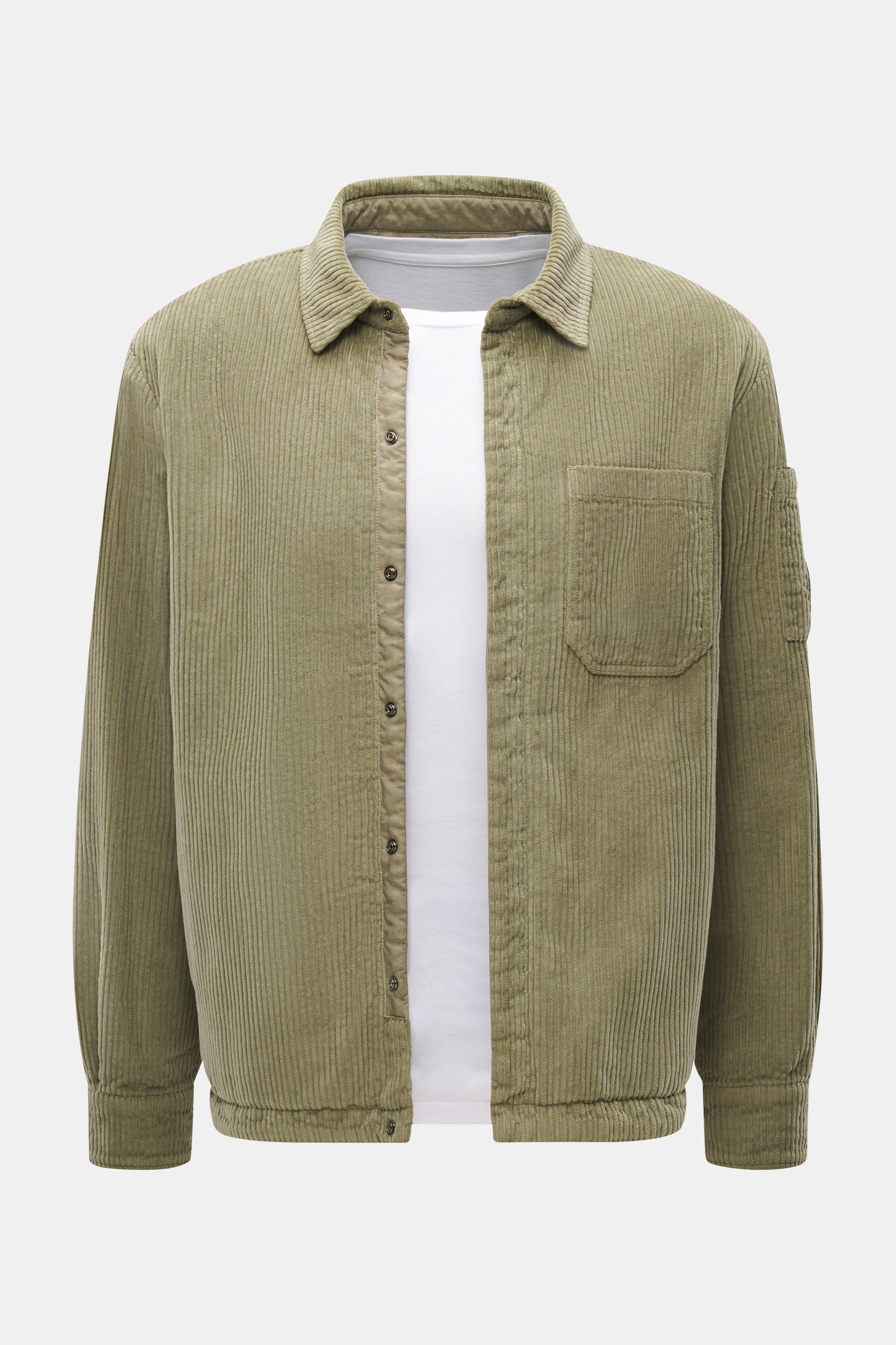 Front view of the C.P. Company Cord overshirt sand in soft corduroy cotton, slim fit with snap button placket, patch chest pocket, cuffed sleeves, and upper arm pocket.