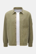 Front view of the C.P. Company Cord overshirt sand in soft corduroy cotton, slim fit with snap button placket, patch chest pocket, cuffed sleeves, and upper arm pocket.