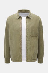 Front view of the C.P. Company Cord overshirt sand in soft corduroy cotton, slim fit with snap button placket, patch chest pocket, cuffed sleeves, and upper arm pocket.