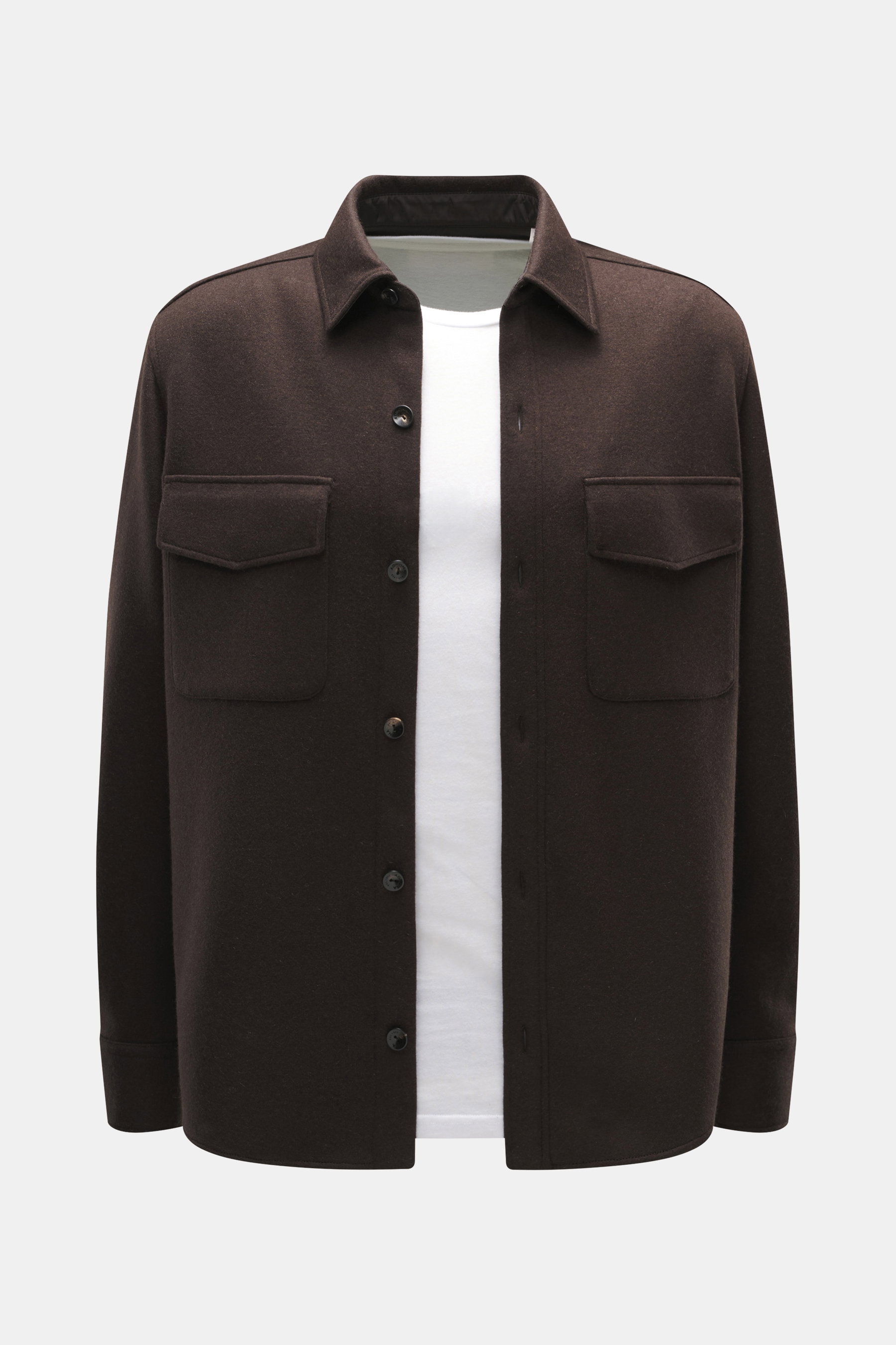 Agnona Overshirt dark brown front view, slim fit wool-cashmere blend with turn-down collar, six-button placket, chest flap pockets, sport cuffs, and rounded hemline.  

<p>Stylish layering piece in perfection: With its luxurious wool-cashmere blend, the e