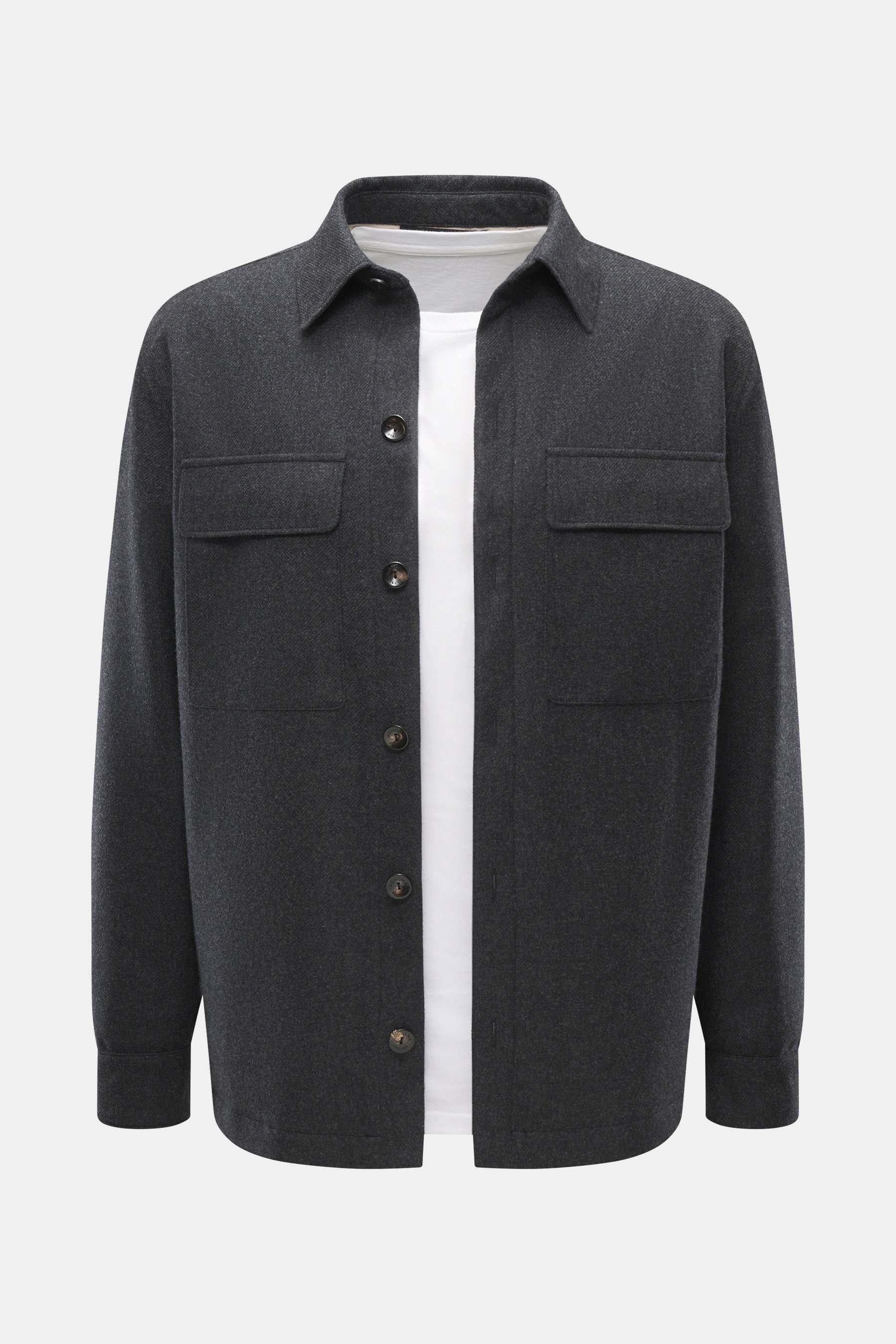 Front view of Agnona Cashmere overshirt dark grey melange, pure cashmere, soft touch, regular fit, six-button placket, turn-down collar, breast pockets with flap, buttoned sleeve cuffs.