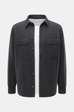 Front view of Agnona Cashmere overshirt dark grey melange, pure cashmere, soft touch, regular fit, six-button placket, turn-down collar, breast pockets with flap, buttoned sleeve cuffs.