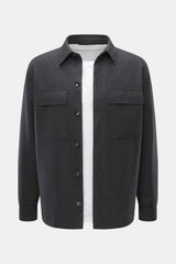 Front view of Agnona Cashmere overshirt dark grey melange, pure cashmere, soft touch, regular fit, six-button placket, turn-down collar, breast pockets with flap, buttoned sleeve cuffs.