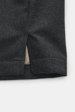 Agnona Cashmere overshirt dark grey melange shown from a close-up side angle, featuring pure cashmere, soft touch, regular fit, six-button placket, turn-down collar, breast pockets with flap, and buttoned sleeve cuffs.