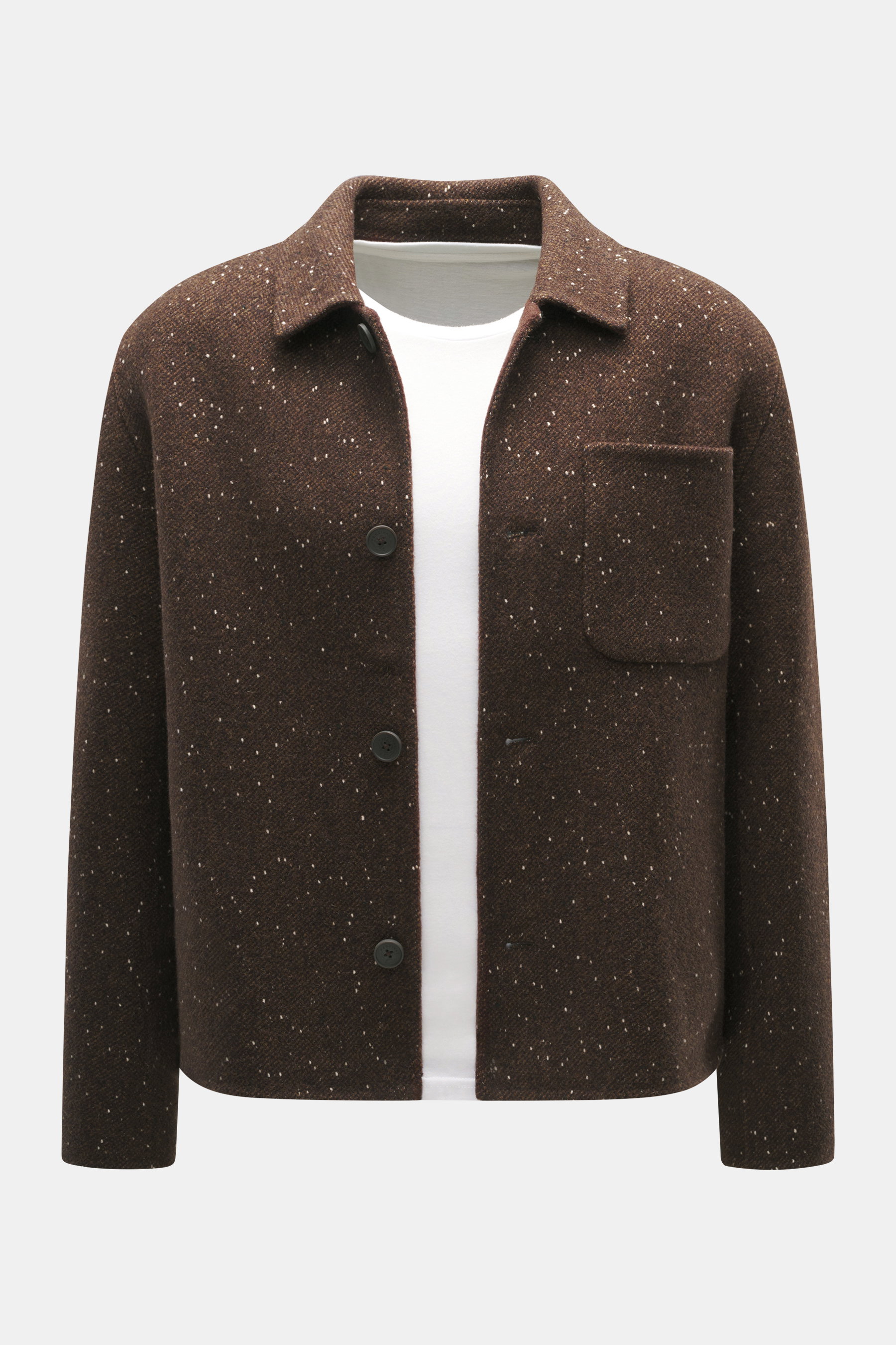 Frontale Nahaufnahme des Percival Overshirt braun meliert mit Umlegekragen, Slim Fit, aufgesetzter Brusttasche, soften Futterstoff, Mix aus Wolle, Microfaser und Baumwolle in leicht griffiger Qualität.