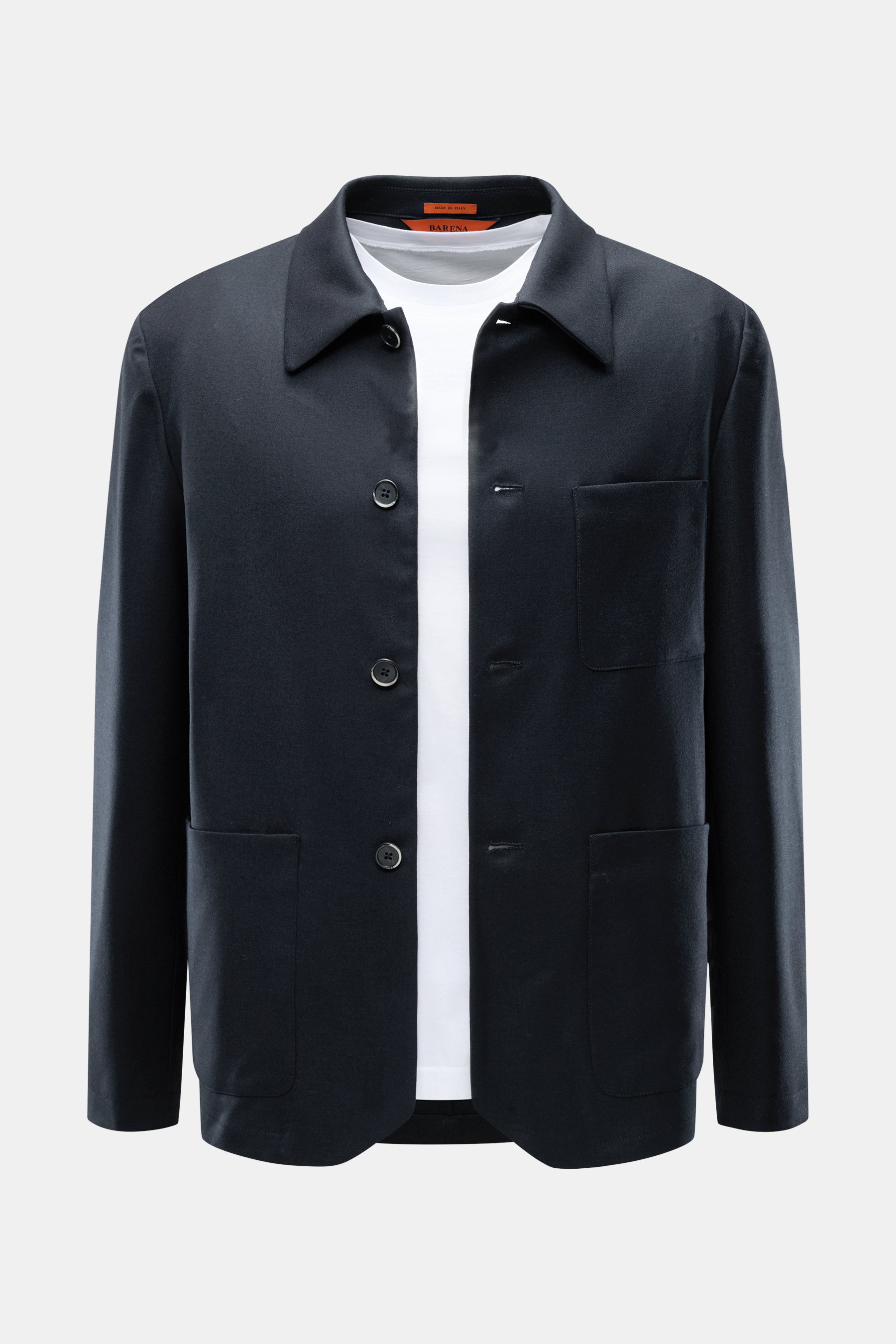 Front view of Barena Overshirt dark navy in lightly elastic virgin wool, soft touch, regular fit, four-button placket, turn-down collar, patch chest and hip pockets, buttoned sleeve cuffs, unconstructed design, and two inside pockets.