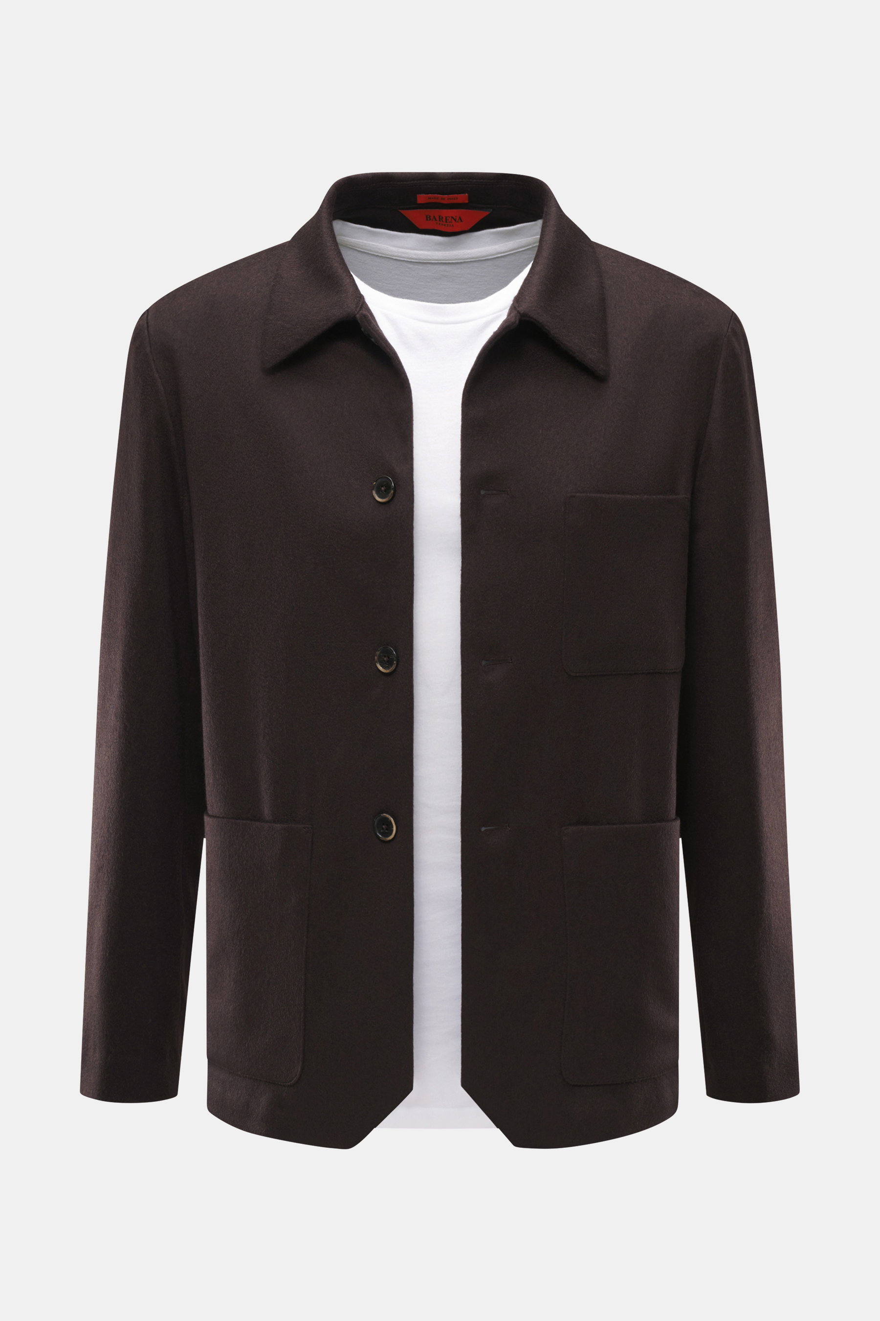 Front view of Barena Venezia Cashmere Overshirt dark brown in pure cashmere with very soft feel, Regular Fit, four-button placket, turn-down collar, patch chest and hip pockets, buttoned sleeve cuffs, unconstructed design, and two inner pockets.