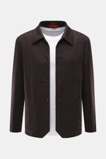Front view of Barena Venezia Cashmere Overshirt dark brown in pure cashmere with very soft feel, Regular Fit, four-button placket, turn-down collar, patch chest and hip pockets, buttoned sleeve cuffs, unconstructed design, and two inner pockets.