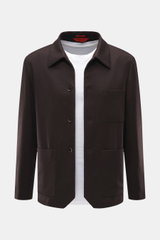 Front view of Barena Venezia Cashmere Overshirt dark brown in pure cashmere with very soft feel, Regular Fit, four-button placket, turn-down collar, patch chest and hip pockets, buttoned sleeve cuffs, unconstructed design, and two inner pockets.