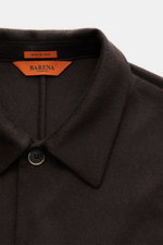 Close-up front view of Barena Venezia Cashmere Overshirt dark brown showing turn-down collar, four-button placket, pure cashmere, very soft feel, Regular Fit, patch chest and hip pockets, buttoned sleeve cuffs, unconstructed design, and two inner pockets.