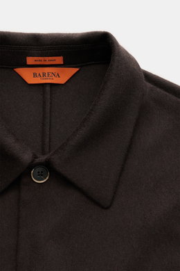 Close-up front view of Barena Venezia Cashmere Overshirt dark brown showing turn-down collar, four-button placket, pure cashmere, very soft feel, Regular Fit, patch chest and hip pockets, buttoned sleeve cuffs, unconstructed design, and two inner pockets.
