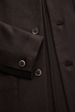 Close-up front view of Barena Venezia Cashmere Overshirt dark brown featuring pure cashmere, very soft feel, Regular Fit, four-button placket, turn-down collar, patch chest and hip pockets, buttoned sleeve cuffs, unconstructed design, and two inner pocket
