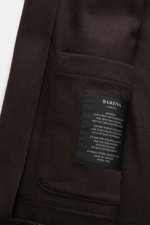 Close-up view of the Barena Venezia Cashmere Overshirt dark brown showing pure cashmere fabric with patch chest pocket and label, highlighting its very soft feel, Regular Fit, four-button placket, turn-down collar, patch hip pockets, buttoned sleeve cuffs