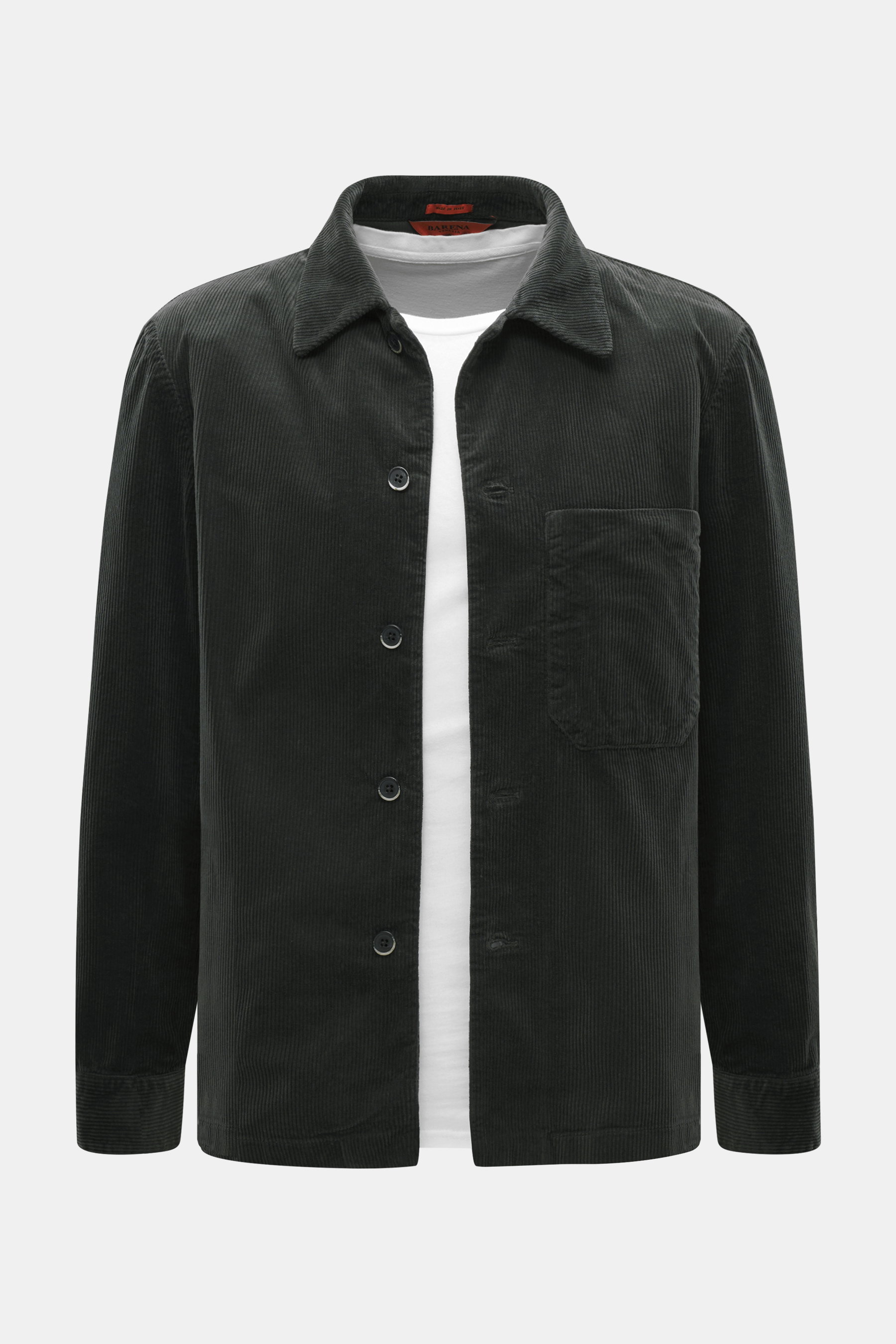 Front view of Barena Venezia Cord Overshirt dark grey with slim fit, corduroy cotton-rayon blend, soft touch, elastic quality, five-button placket, turn-down collar, patch chest pocket, buttoned sleeve cuffs, unconstructed design, and one inside pocket.