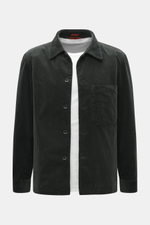 Front view of Barena Venezia Cord Overshirt dark grey with slim fit, corduroy cotton-rayon blend, soft touch, elastic quality, five-button placket, turn-down collar, patch chest pocket, buttoned sleeve cuffs, unconstructed design, and one inside pocket.