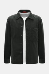 Front view of Barena Venezia Cord Overshirt dark grey with slim fit, corduroy cotton-rayon blend, soft touch, elastic quality, five-button placket, turn-down collar, patch chest pocket, buttoned sleeve cuffs, unconstructed design, and one inside pocket.
