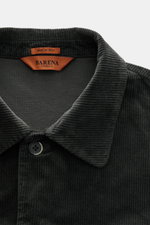 Close-up front view of Barena Venezia Cord Overshirt dark grey showing turn-down collar, five-button placket, corduroy cotton-rayon fabric with soft touch, elastic quality, slim fit, patch chest pocket, buttoned sleeve cuffs, unconstructed design, and one