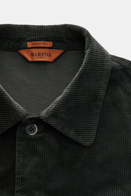 Close-up front view of Barena Venezia Cord Overshirt dark grey showing turn-down collar, five-button placket, corduroy cotton-rayon fabric with soft touch, elastic quality, slim fit, patch chest pocket, buttoned sleeve cuffs, unconstructed design, and one