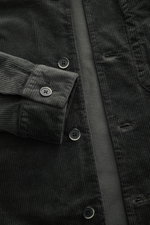 Barena Venezia Cord Overshirt dark grey close-up from above showing five-button placket, turn-down collar, patch chest pocket, buttoned sleeve cuffs, slim fit, corduroy made of cotton and rayon, soft touch, elastic quality, unconstructed design, and one i