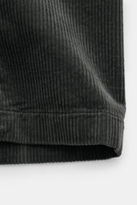 Close-up front view of the Barena Venezia Cord Overshirt dark grey, highlighting cotton-rayon corduroy fabric, soft touch, elastic quality, slim fit, five-button placket, turn-down collar, patch chest pocket, buttoned sleeve cuffs, unconstructed design, a