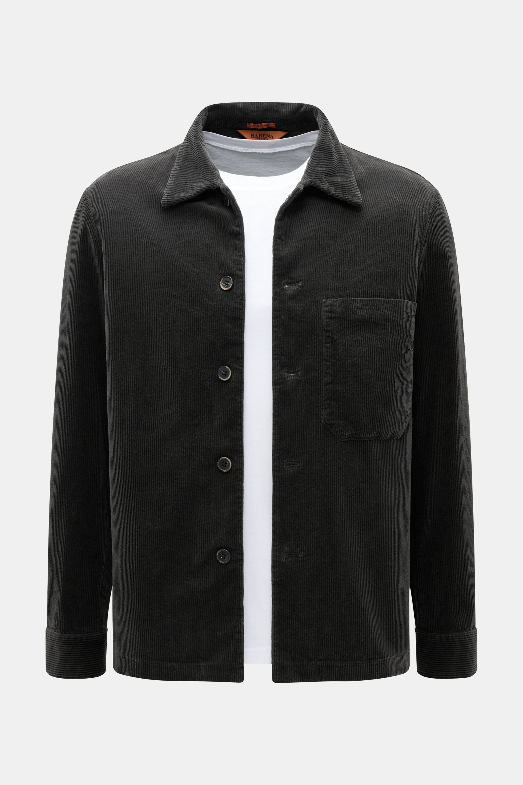 Front view of Barena Venezia Overshirt dark navy in lightly elastic virgin wool, soft touch, regular fit, four-button placket, turn-down collar, patch chest and hip pockets, buttoned cuffs, unconstructed design, two inner pockets.