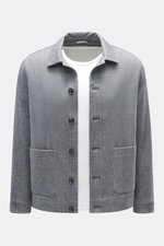 Circolo 1901 Jersey-Overshirt grau gemustert, Slim Fit, leicht gefüttert, mit Umlegekragen, Knopfleiste, zwei Hüfttaschen, Innenfutter, frontal fotografiert.