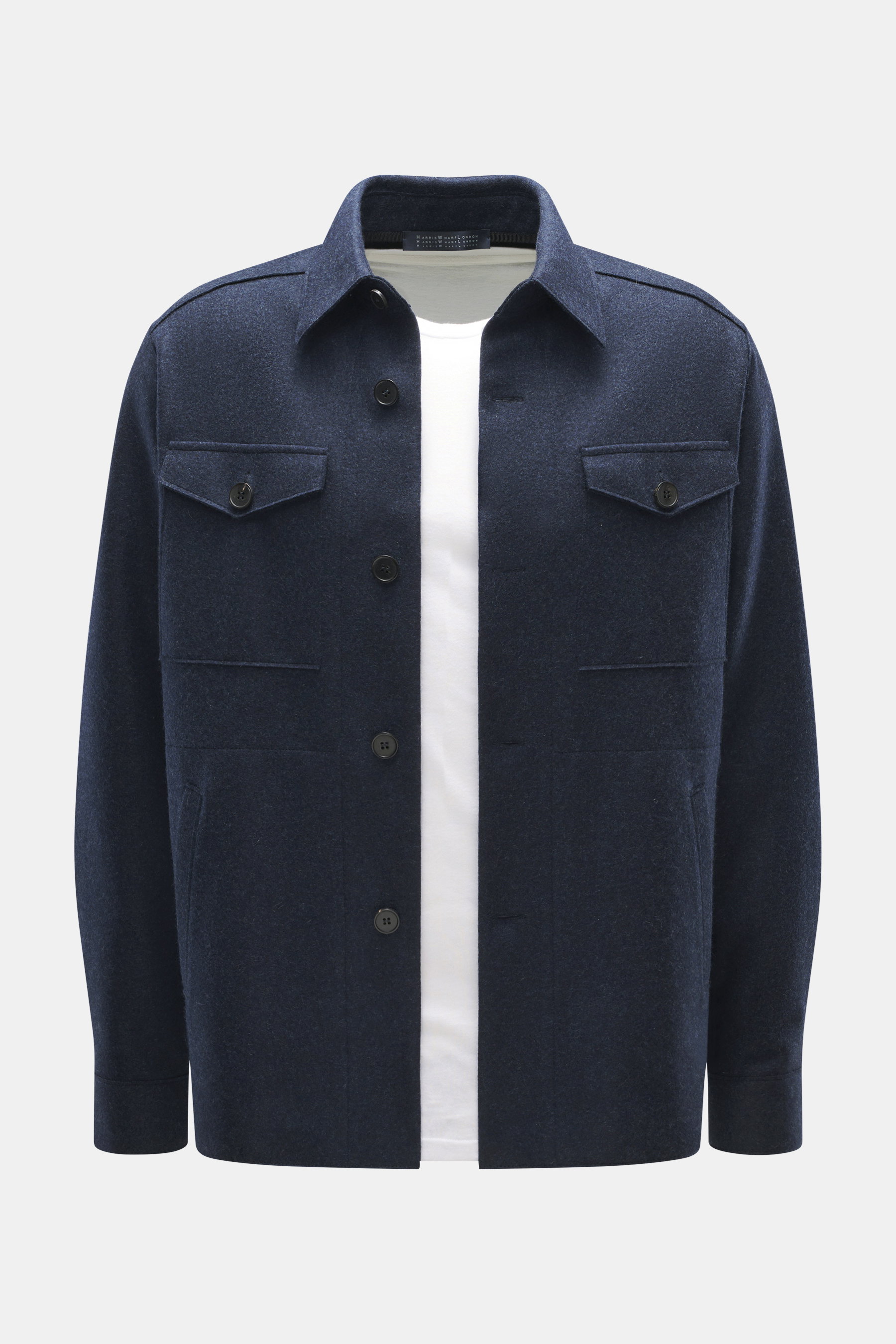 Front view of Harris Wharf London Cashmere overshirt navy melange in pure cashmere, knitted and felted quality, very soft touch, raw-edge finish, slim fit, five-button placket, turn-down collar, patch chest pockets with flap, angled welt pockets, sports c
