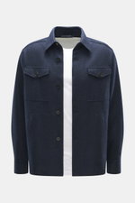 Front view of Harris Wharf London Cashmere overshirt navy melange in pure cashmere, knitted and felted quality, very soft touch, raw-edge finish, slim fit, five-button placket, turn-down collar, patch chest pockets with flap, angled welt pockets, sports c